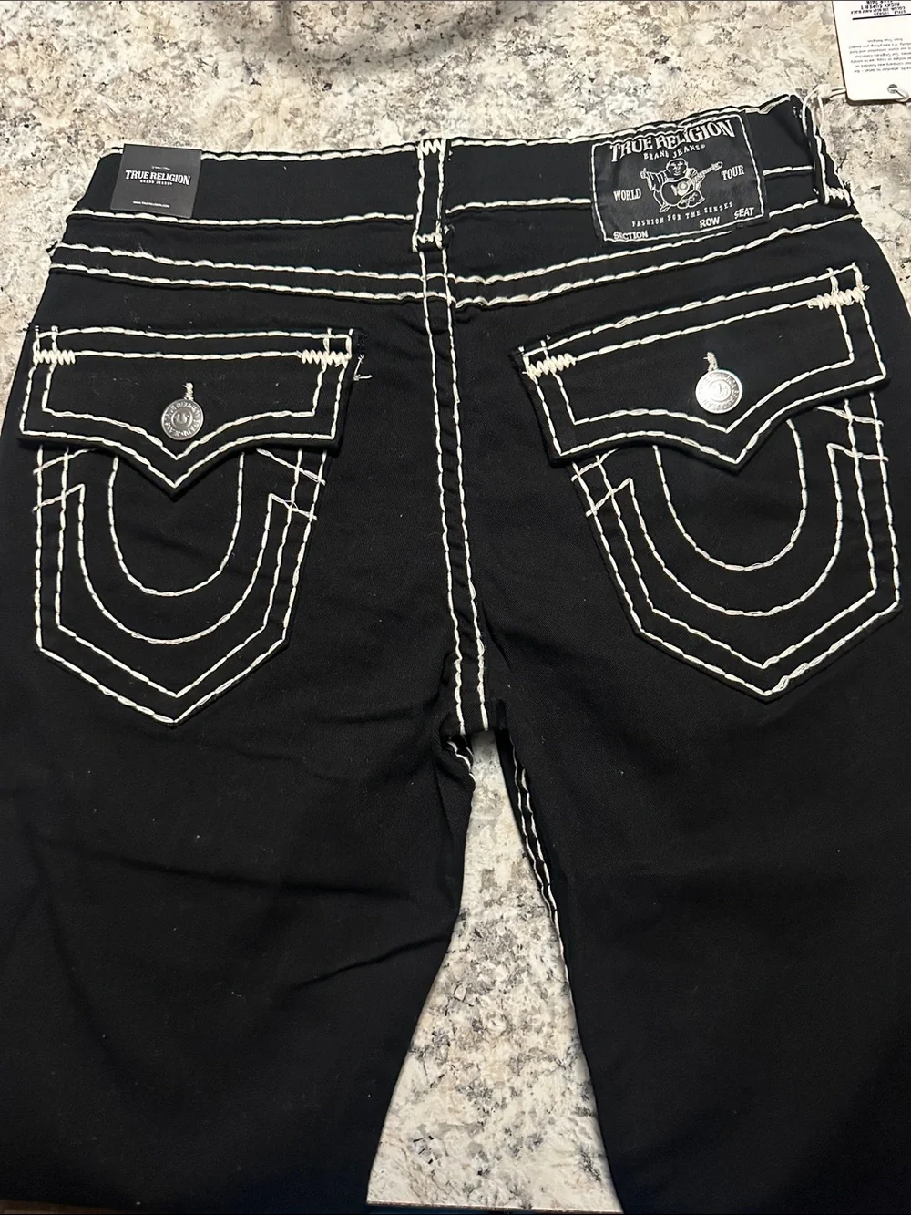 True Religion Men Black Jeans with White Contrast Stitching